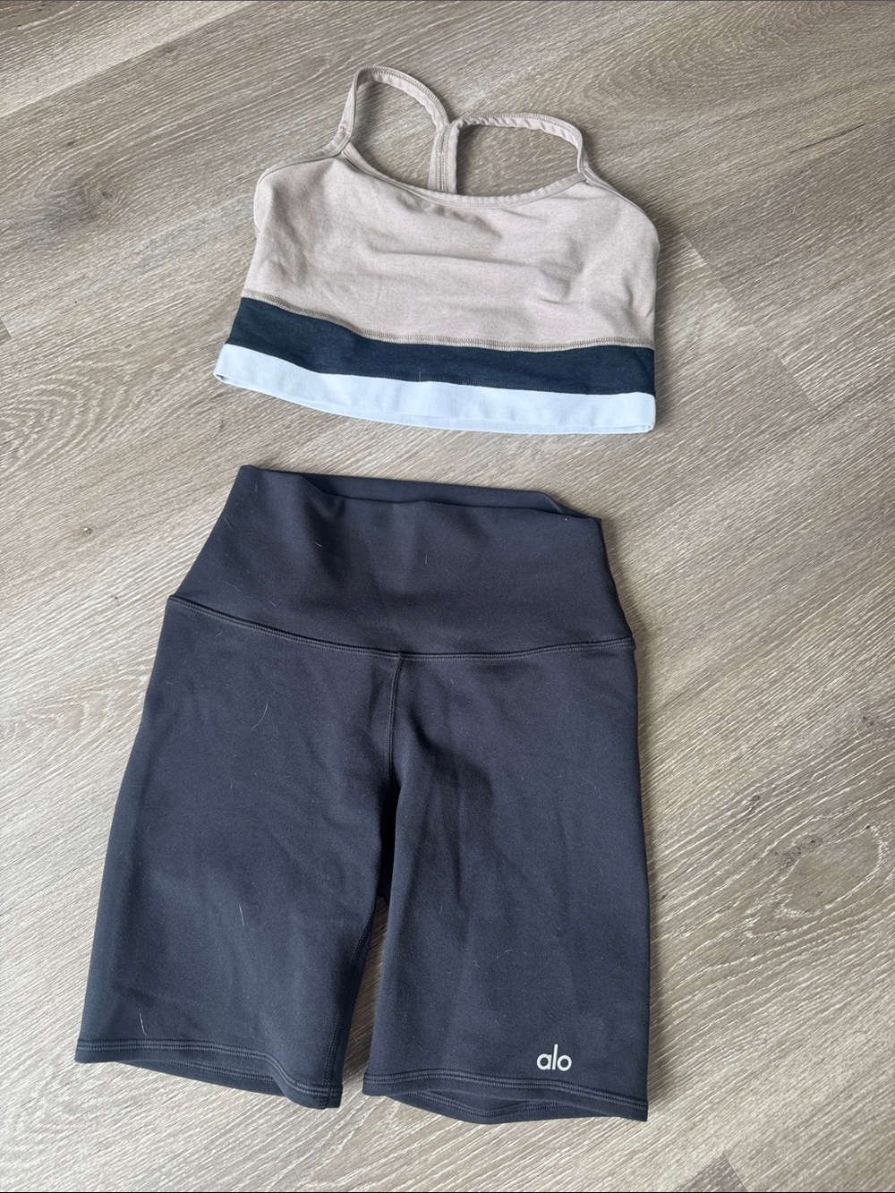 ALO Yoga Black Bike Shorts with White Logo w/ Beyong yoga tank